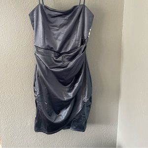 Blue Satin mini dress with rushing. NWT